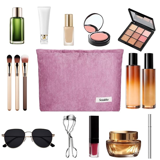 ZLFSQR Corduroy Makeup Bag for Women Small Corduroy Cosmetic Bag Large Cute Travel Makeup Pouch for Purse Flesh Pink Cloth Cosmetic Pouch Zipper Storage Organizer Canvas Toiletry Bags