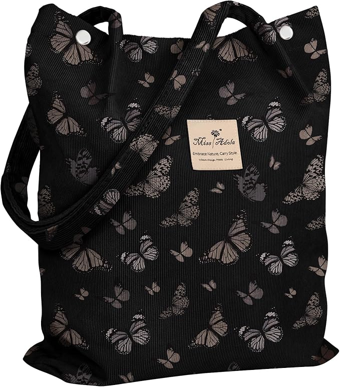 Miss Adola Corduroy Tote Bag for Women - Reusable Totes with Pocket & Buckle Cute Aesthetic Shoulder Bag for Work Travel