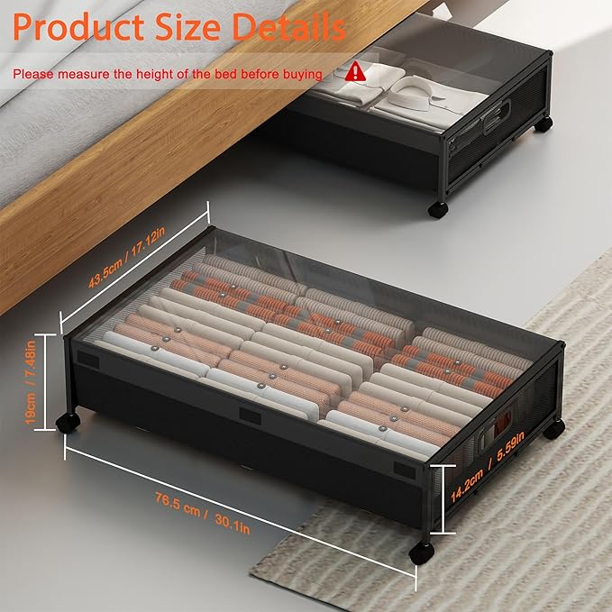 QUELIEN Under Bed Storage with Wheels – Large Rolling Underbed Storage Containers and Drawers, Shoe Organizer Box for Clothes, Toys, Blankets (Black, 1 Pack)