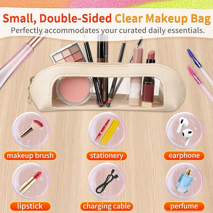 Small Double Sided Clear Makeup Bag - Waterproof Portable Makeup Brush Bag PU Leather Travel Makeup Brush Case Cosmetic Organizer Pouch with Zipper for Women Home Travel Office (White)