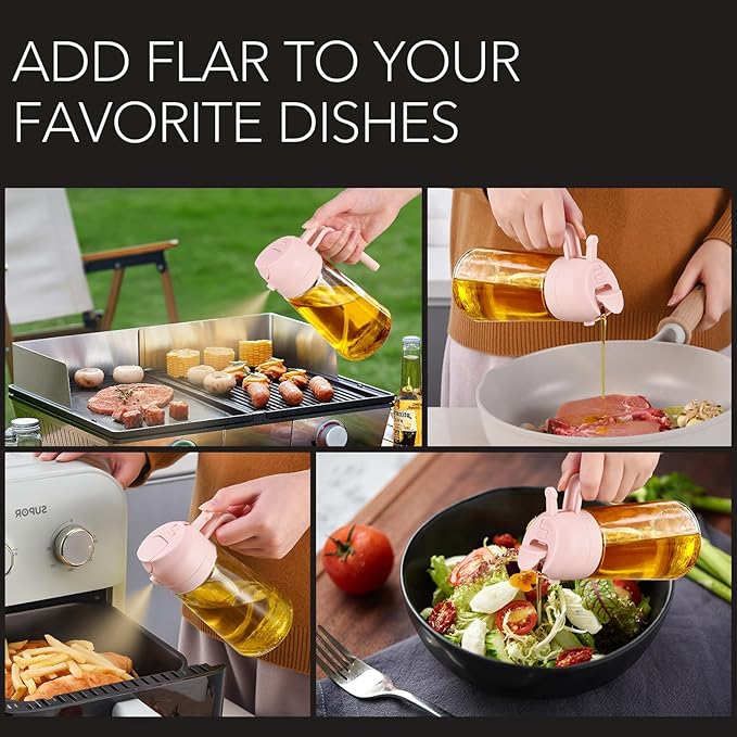 YARRAMATE 16oz/470ml Glass Olive Oil Sprayer for Cooking with Stickers, 2 in 1 Oil Dispenser for Kitchen Gadgets, Food Grade Premium Spray Bottle for Salad, Frying, BBQ (PeachPink)