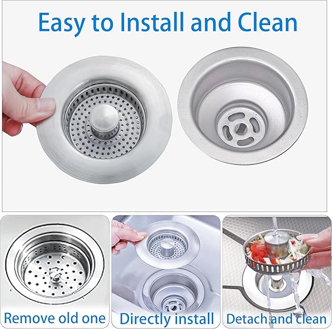 3-in-1 Kitchen Sink Drain Strainer, Pop-up Sink Stopper Kitchen Drain, Anti-Clogging Strainer Basket Odor Prevention Plug Stopper for US Standard 3-1/2” Drain (Silver-2pcs)