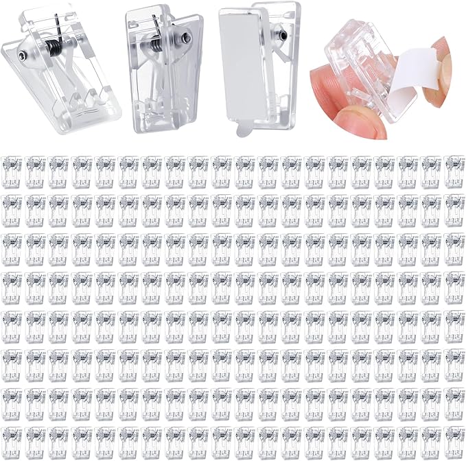 200PCS Self Adhesive Clips, Plastic Wall Hanging Clamp Sticky for Tapestry Poster Photo Office Home Decorations, Clear 1x0.5 Inch