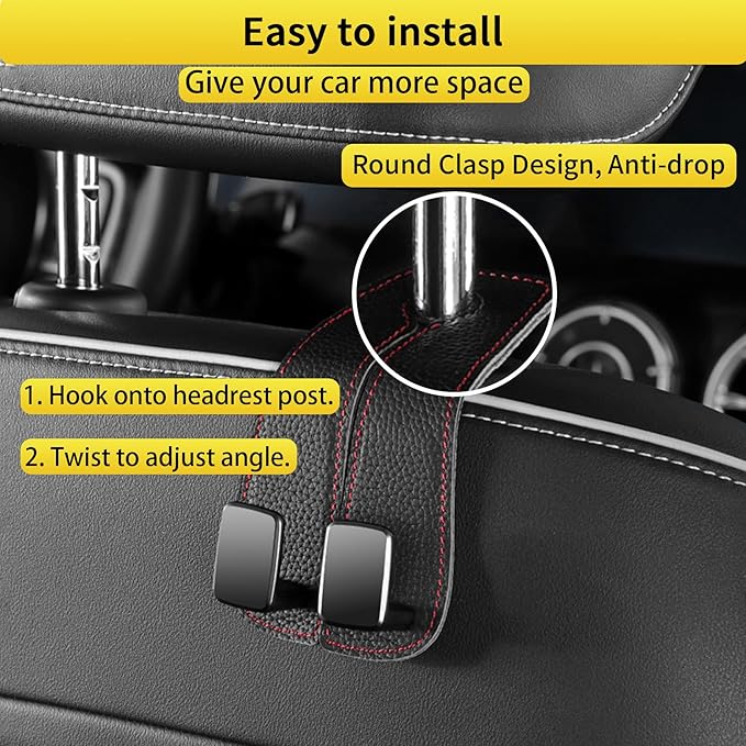 WEIHAO Car Purse Hook, Genuine Leather Car Seat Back Storage Hook, Purse Hook for Car Headrest, Twin Hook Leather Car Headrest Hangers, Bag Hook for Car, Trucks, SUVs, Most Vehicles (Black-1 PC)