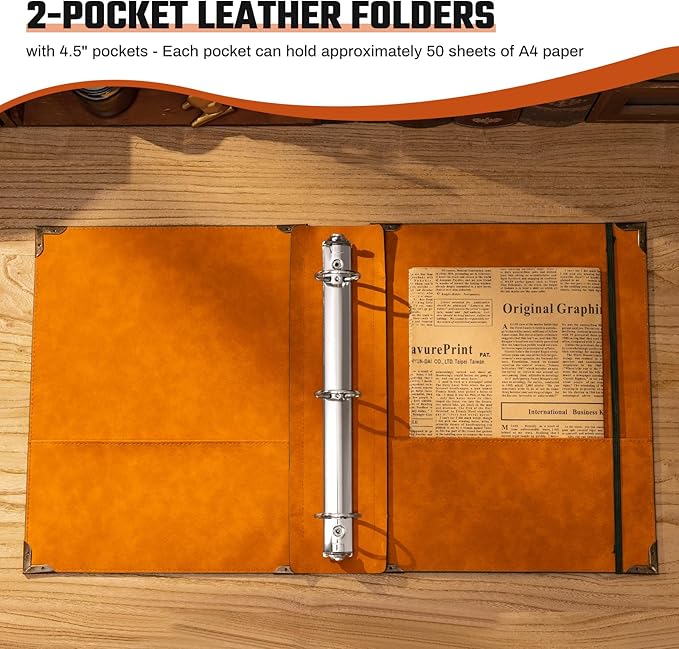Ovesmusl PU Leather 3 Ring Binder Fits 8.5"x11" Letter Size Paper, 1.5 Inch Round Ring Binder Holds 350 Sheets, Notepad Paper Cover Loose Leaf Organizer, Brown Sun