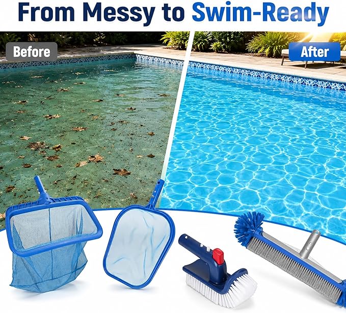 Pool Cleaning Kit Professional Heavy Duty Leaf Skimmer Net, Deep Bag Rake & Wall Scrubber Brush, 4-Piece Pool Cleaning Equipment Set for Above Ground & Inground Pools (Pole Not Included)