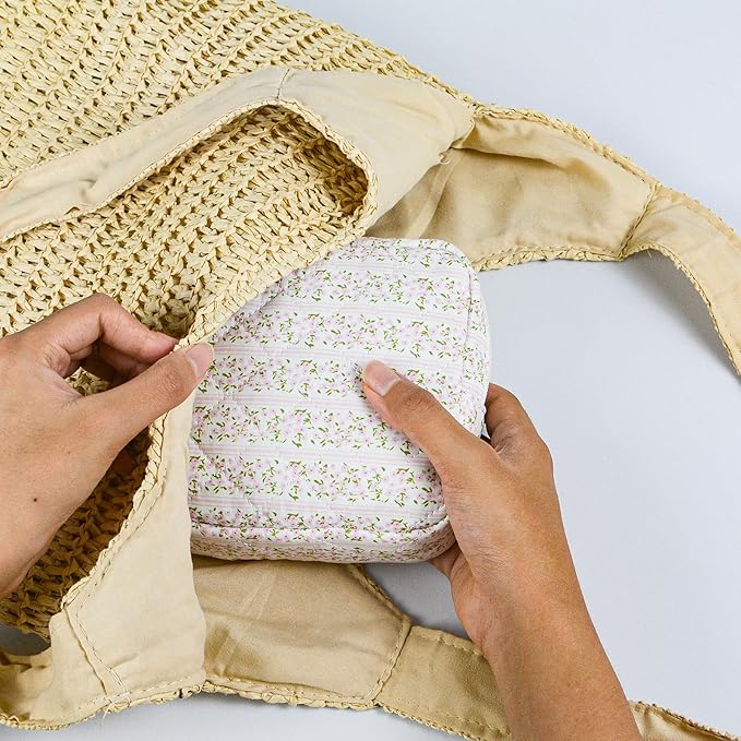 Small Floral Quilted Makeup Bag, Coquette Aesthetic Travel Toiletry Organizer for Women, Lightweight Cotton Cosmetic Pouch