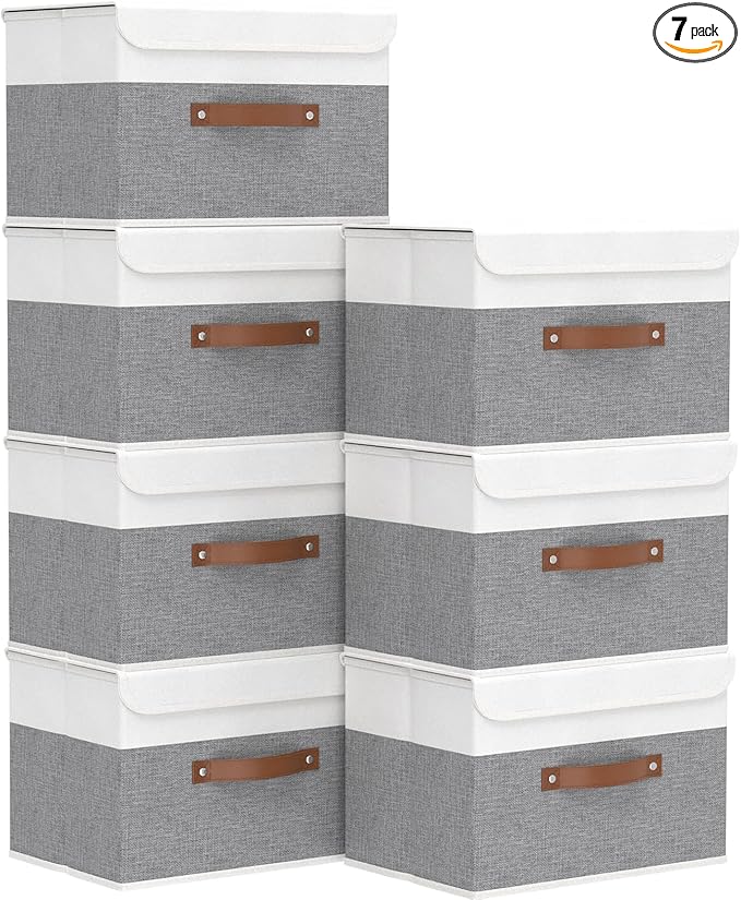 Yawinhe Storage Bins with Lids, Fabric Foldable Boxes, Washable and Leather Handle, Cube Organizer Basket for Home, Closet, White/Grey, 17.7''Lx11.8''Wx11.8''H, 7-Pack, USNK024WGX-7