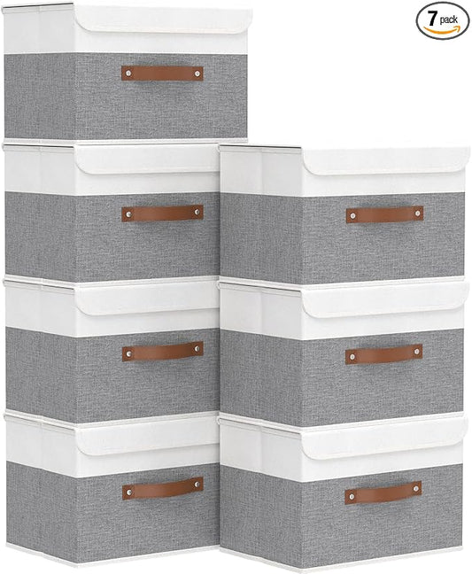 Yawinhe Storage Bins with Lids, Fabric Foldable Boxes, Washable and Leather Handle, Cube Organizer Basket for Home, Closet, White/Grey, 17.7''Lx11.8''Wx11.8''H, 7-Pack, USNK024WGX-7