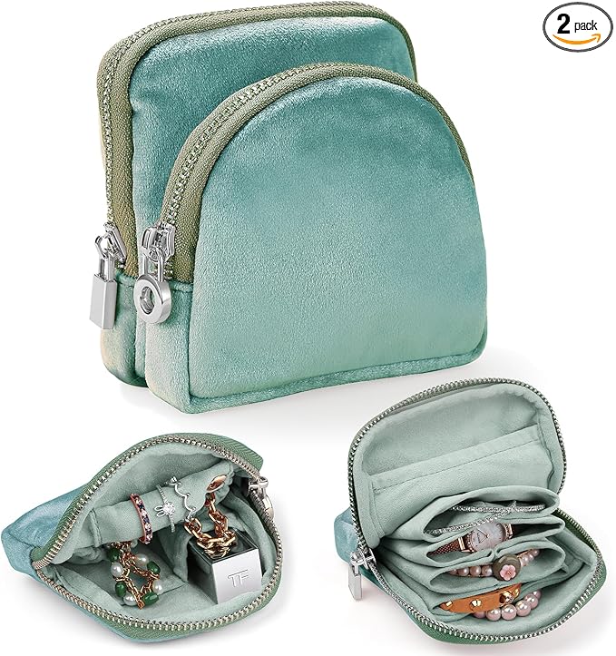 Small Travel Jewelry Case Set 2-in-1 Detachable Velvet Pouches, Portable Jewelry Organizer bag for Rings Earrings Bracelets, Gift Box for Women (Mint Green)