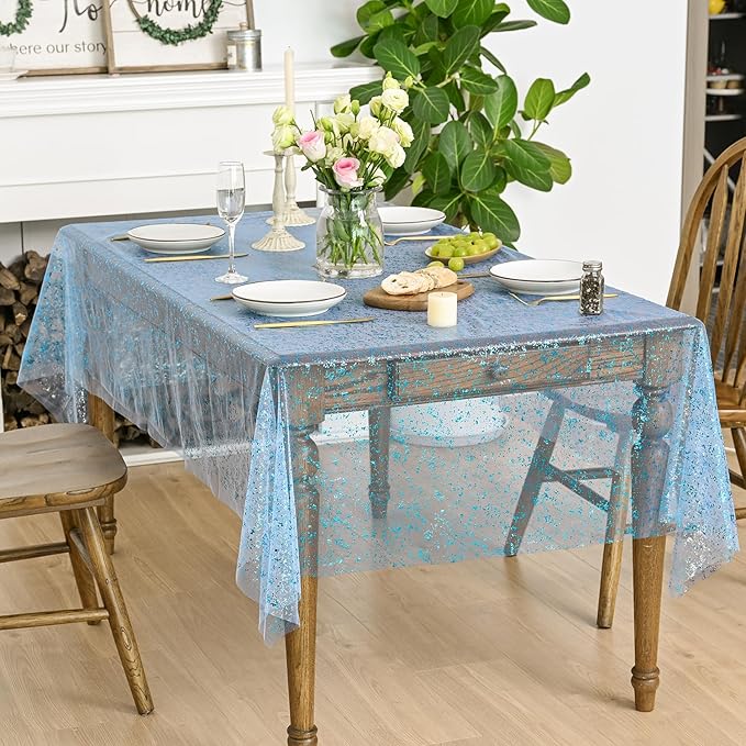 Horaldaily Light Blue Gold Gauze Tablecloth 60x120 Inch Rectangular, Light Blue Sequin Glitter Metallic Foil, Sheer Tulle Cheesecloth for Wedding Baby Shower Ceremony Birthday