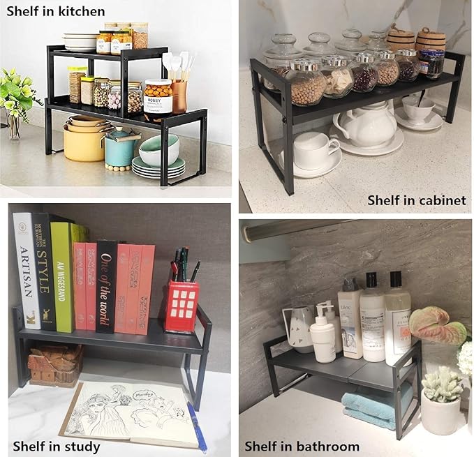 2 Pack Expandable Cabinet Shelf Organizer 16-26" L Stackable Kitchen Counter Shelves Rack Stand Sink Riser Countertop Storage Black (Normal 7.9”D)
