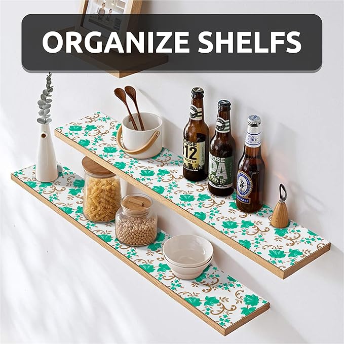 18X96 Inch Shelf Liner for Kitchen Cabinets, PVC Drawer Liner for Dresser Non-Slip Bathroom, Non-Adhesive Cabinet Liner Washable (Green Floral)(4 Roll)