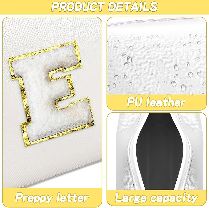 Gifts for Girls Initial Makeup Bag Personalized Cosmetic Bag with Zipper Cute Travel Toiletry Bags Waterproof PU Preppy Makeup Pouch Birthday Gift for Teen Girls Women(White E)