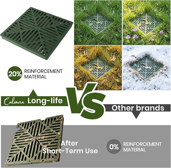 Calvana 2 Pack 12 Inch Catch Basin Drain Grate, Fiberglass Reinforced Polyethylene Square Drain Cover for Yard Patio Driveway Drainage, Green