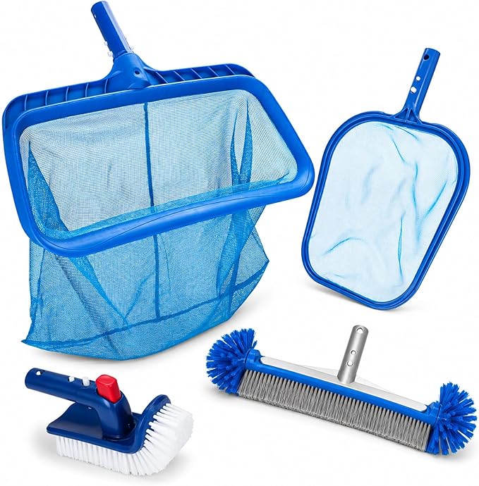 Pool Cleaning Kit Professional Heavy Duty Leaf Skimmer Net, Deep Bag Rake & Wall Scrubber Brush, 4-Piece Pool Cleaning Equipment Set for Above Ground & Inground Pools (Pole Not Included)