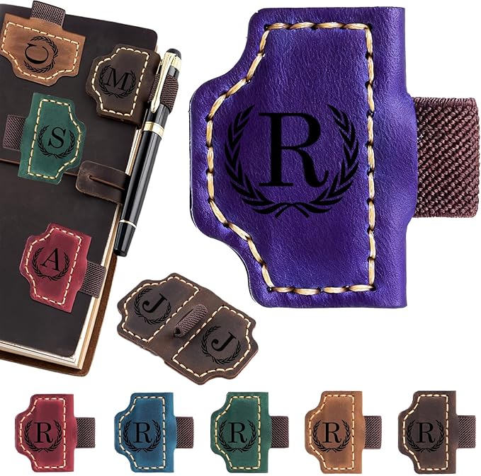 Artlaza Personalized Magnetic Leather Bookmark with Pen Holder - 26 Letters Custom Book Mark with Name Initial Engraved Book Marker for Readers, Book Lovers, Travelers - Gift for Women & Men(Purple，R