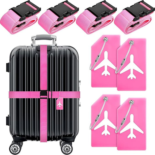 Weewooday 8 Pcs Luggage Straps Suitcase Tags Set for TSA Approved, 4 Travel Adjustable Suitcase Belt, 4 Silicone Luggage Tags with Name ID Card Travel Accessories(Pink,Airplane)
