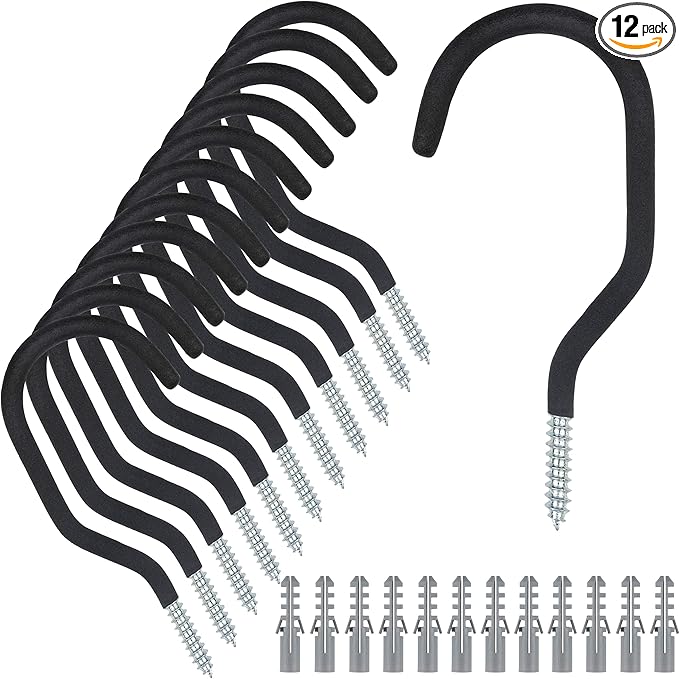 KURUI Heavy Duty Screw in Hooks for Hanging, 12 Pack Bike Hooks for Garage Wall with Screw Anchors, Wall Mount Bicycle Storage for Ceiling, Large Black Plant Hooks for Ceiling