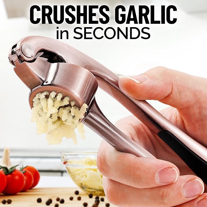 Zulay Kitchen Premium Garlic Press Set - Rust Proof & Dishwasher Safe Professional Garlic Mincer Tool - Easy-Squeeze, Easy-Clean with Soft, Ergonomic Handle - Silicone Garlic Peeler & Brush (Copper)