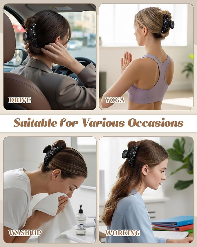 3PCS Acrylic Flower Hair Claw Clips - 2 Styles Durable Medium Small Claw Clips for Women, Strong Hold Cute Non Slip Stylish Accessories Decroation Buns for Thick Thin Hair (black)