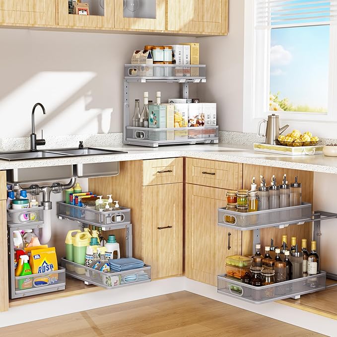 Under Sink Organizer, Highly Adjustable 2-Tier Under Sink Organizers and Storage, Slide-Out Metal Cabinet Organizers, Pull-Out Sink Storage Drawer Shelf for Kitchen Bathroom Cabinet, Grey, 2 Pack