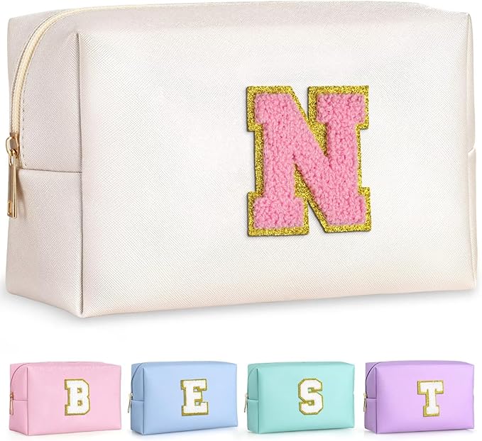 TOPEAST Preppy Stuff Cute Makeup Bag Small Cosmetic Bag Travel Toiletry Bag, Personalized Birthday Wedding Gifts for Mom Teacher Friends Bridesmaids, Preppy Travel Stuff for Girls (Pearly White N)