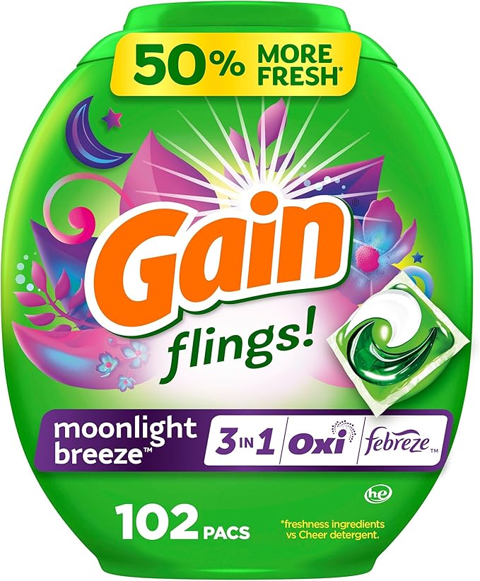 Gain Flings Laundry Detergent Pacs, 102 Count, Moonlight Breeze Scent, with Odor Defense, concentrated laundry soap pacs