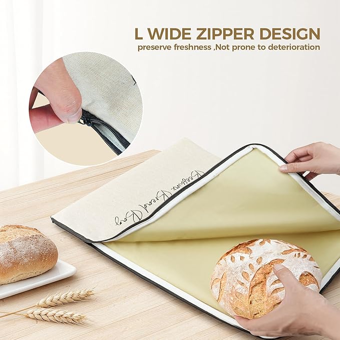 2 Packs Wide Zipper Access Beeswax Bread Bags for Homemade Bread,Linen Outer Lining and Pure Cotton Beeswax Inner Lining Moisture-proof Construction,Reusable XLBread Bag with Zip Keeps Fresh Longer
