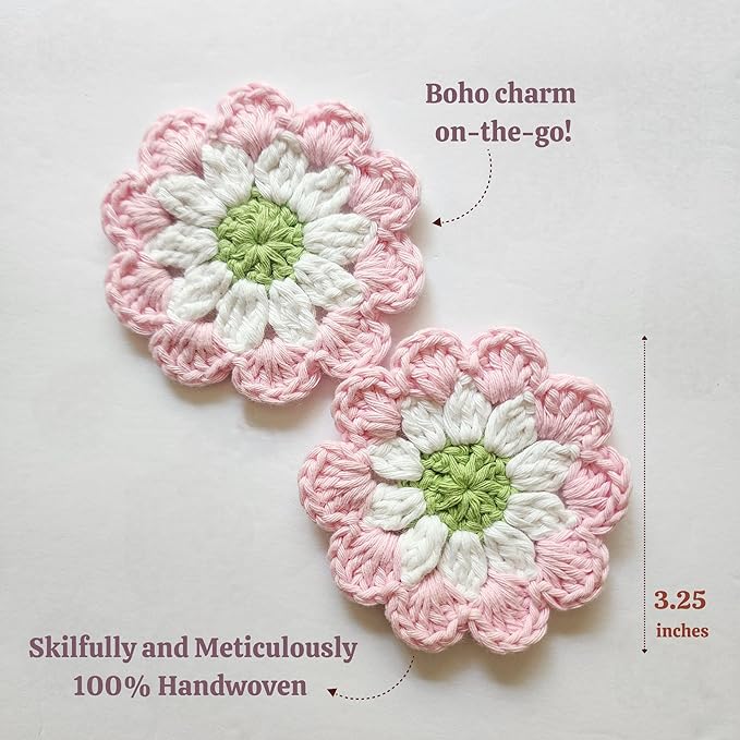 Cotton Car Coasters 2pc Car Cup Coasters Cute car Accessories for Women car Coaster for Cup Holders (Rosy Glow)