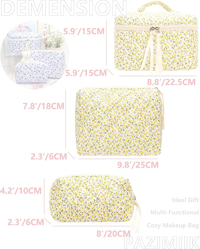 PAZIMIIK 3PCS Makeup Bag Set Large Travel Quilted Zipper Soft Cosmetic Case Pouch for Women Girls Make Up, Floral Yellow