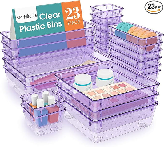 23 PCS Drawer Organizer Set, 5 Varied Size Bathroom and kitchen Drawer cabinet organizer Trays, Clear Storage Bins for Makeup, Jewelry, Utensils and Gadgets, Purple