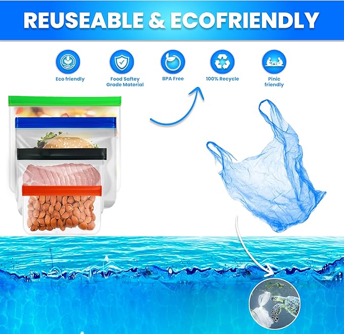 14-Pack Reusable Silicone-Style Ziplock Food Storage Bags – BPA-Free, Leakproof with 4 Snack, 6 Sandwich & 4 Gallon Sizes – Extra Thick, Freezer Safe & Eco-Friendly for Kitchen, Meal Prep & Travel
