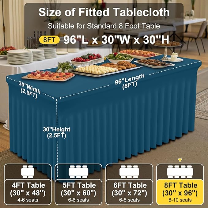Smiry Spandex Tablecloth, Elastic Fitted Stretch Tablecloth for 8FT Rectangle Tables, Waterproof Washable Table Cover Skirt for Outdoor, Wedding, Banquet & Parties (Peacock Blue, 96Lx30Wx30H Inch)