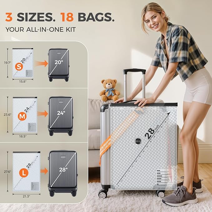 Nicetree 18-Pack Vacuum Storage Bags with Rechargeable Cordless Pump | 3 Sizes (20", 24", 28") Travel Vacuum Seal Bags for Clothing, Bedding & Seasonal Storage | Space Saver for Luggage