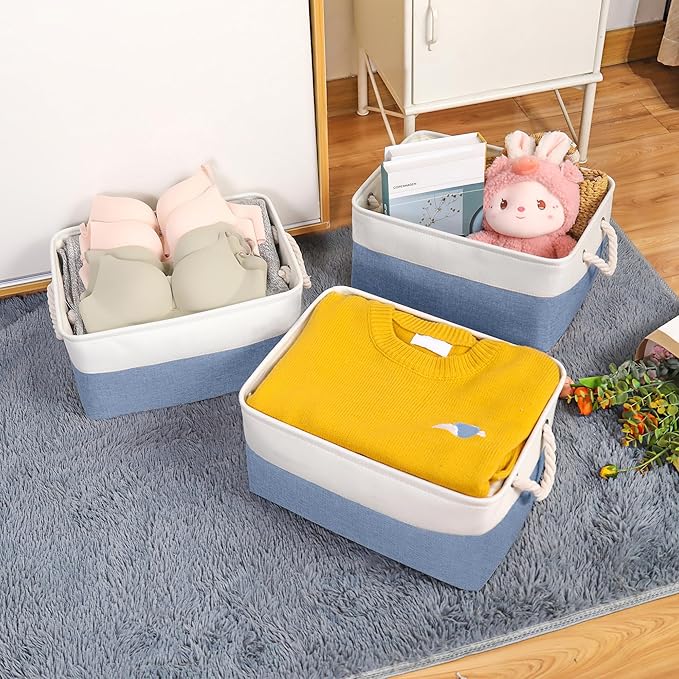 Storage Bins with Sturdy Cotton Handles(3 Pack), Fabric Storage Baskets for Organizing use for Office & Home, Book, Clothes, Toys, Closet Boxes (Medium, Blue-White, 14.2x10.2x7.1 inches)