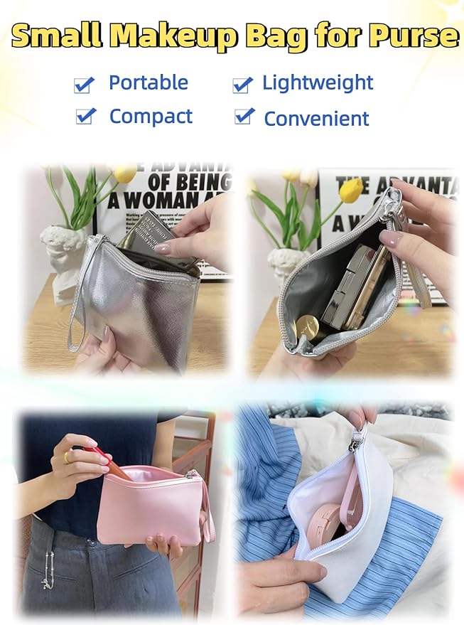 2 Pack Small Zipper Pouch Mini Makeup Bag for Purse Lipstick Cosmetic Travel Make Up Organizer for Women Essentials, Car Change Coin Holder 4.5 x 6.5 Clutch Stadium Approved Wristlet, Pink Silver