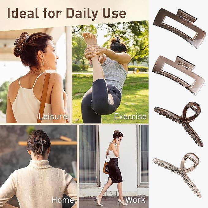 Emma Lily 4pcs Large Hair Claw Clips for Women – Dark & Light Grayish Brown, Strong Hold for Thick & Medium Hair, 2 Designs for Casual Daily Use