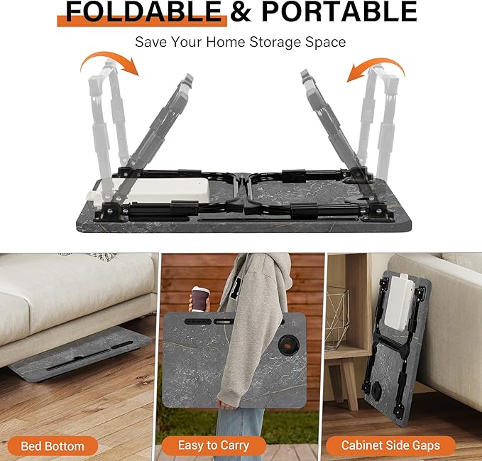 Laptop Desk for Bed, Height Adjustable, Lap Bed Table with USB/Storage Drawer/Cup Holder/Tablet Stand/Book Shelf, Foldable Breakfast Tray Portable for Reading Writing, Sofa & Floor, Deep Stone Texture