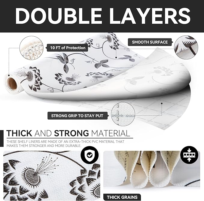 RAY STAR Shelf Liner, Non Adhesive Black Leaves Floral Cabinet Liner for Pantry Drawer, Non Slip, Shelf Liners for Kitchen Cabinets Cupboard 12 Inch x 10 FT (8 Rolls) Signature Delivery