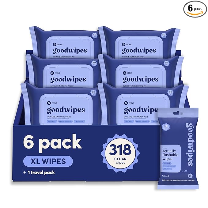 goodwipes Flushable Wipes for Adults - Cedar Butt Wipes for Women & Men, Septic Safe, Toilet & Bathroom Essentials, Extra Large, 318 Count (6 Packs and 1 Travel Pack)