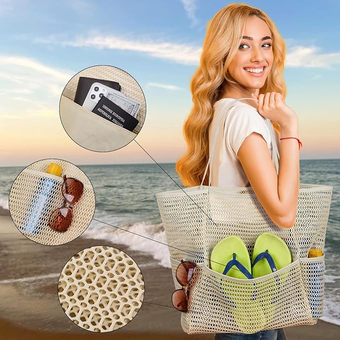 Tainehs Beach Mesh Tote Bag for Women, Large Travel & Pool Bag, Lightweight Vacation Cruise Tote (Inside Out – Flip to Use)
