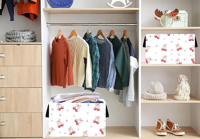 Rec Cherry Print Box Hamper Storage Basket Collapsible Organizer Bin Gift Shelf Baskets for Home and Kitchen Storage