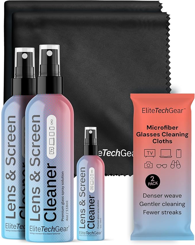 Elite Tech Gear Optical, Screen & Lens Care Kit - 3pc Spray (2x4oz+1oz) with 2 Microfiber Cloths - Alcohol-Free Eyewear Solution - 5pc Glasses Cleaner