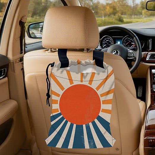 Vintage Sunburst Car Garbage Bag, Small Car Trash Bag Hanging Back of Seat,Drawstring Car Trash Bag with Adjustable Buckle,Car Accessories for Camping Travelling