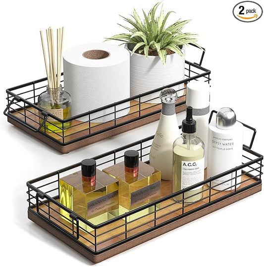 Acacia Toilet Paper Basket 2PCS 13 Inch Bathroom Tank Tray Basket Top of Toilet Storage Toiletries Organizer for Bathroom, Living Room and Kitchen (Acacia & Black)