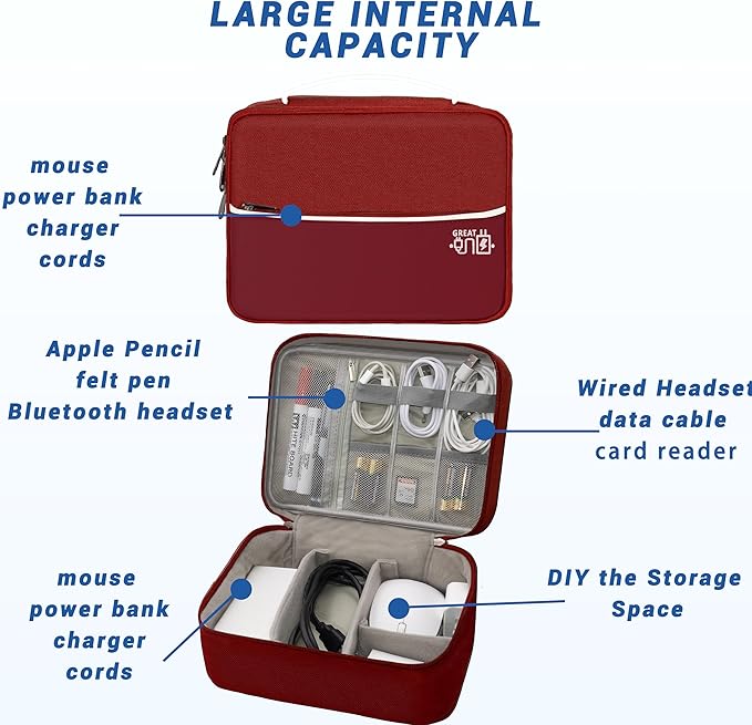 Electronics Organizer, Travel Cord Organizer Pouch, Portable Cable Organizer Bags, Waterproof Electronic Accessories Storage Case for Cables, Cords, Charger, Phone (Double Layer-Winered)
