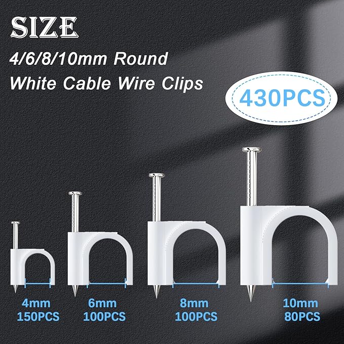 mxuteuk 430PCS Cable Clips with Steel Nails, 4/6/8/10mm Round White Cable Wire Clips, Wall Clips for Cords, Cable Cord Clips for RG6 RG59 CAT6 RJ45