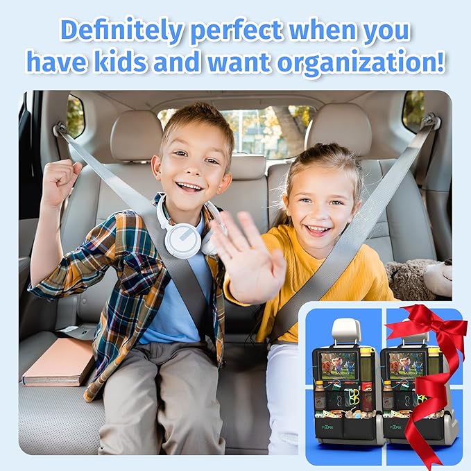 Car Backseat Organizer with Tablet Holder, 11 Storage Pockets with Foldable Food Tray, Protector Kick Mats for Kids, Travel Accessories Organizer (Black, 2-Pack)