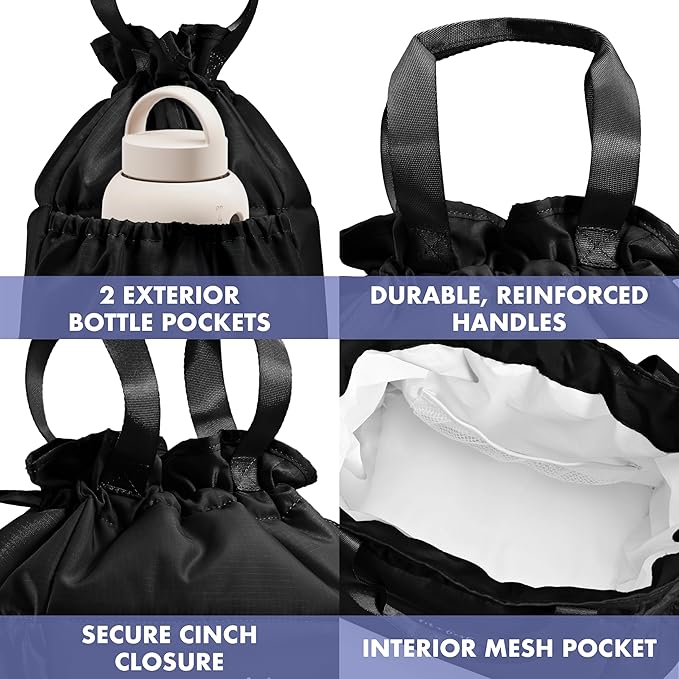 Fit & Fresh Cromwell Drawstring Lunch Bag for Women, Complete Lunch Set with 2 Containers, Stain-Resistant, Leak-Resistant, Back to School Essential, Teacher Lunchbox, Black